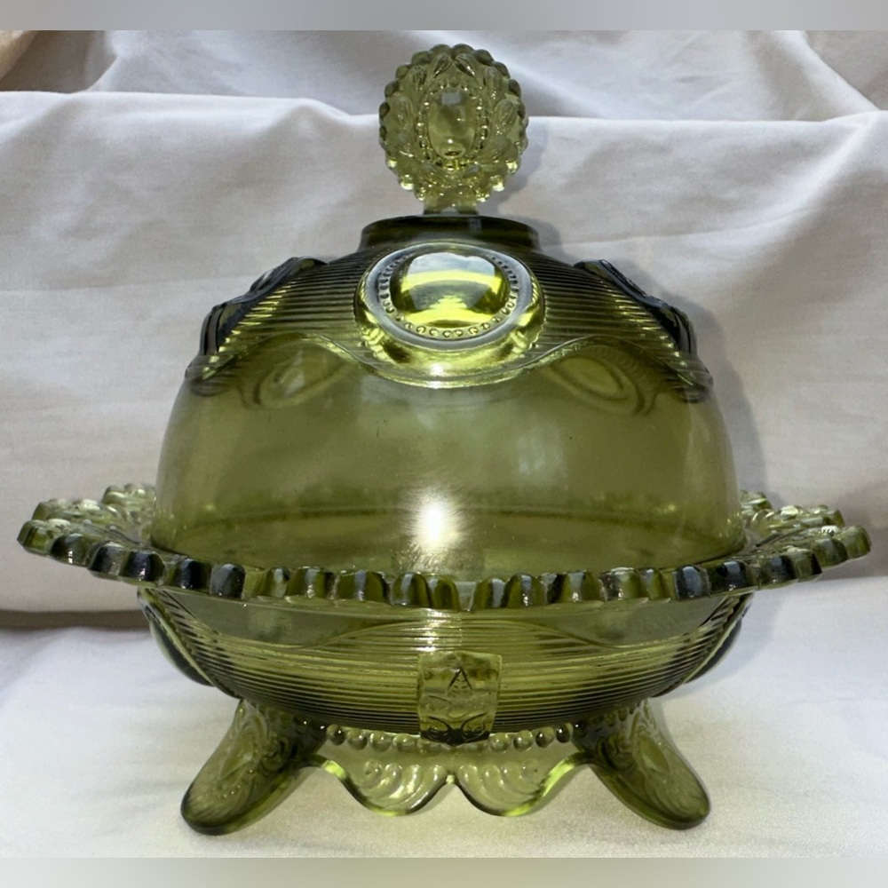Imperial Covered Butter Dish Glass 1960s DEWEY PATTERN Green Verde Footed‎ Round
